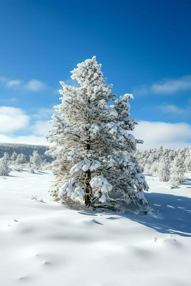 Pine trees or decorated christmas tree covered by snow on beautiful winter. Christmas theme outdoors by AI Generated photo