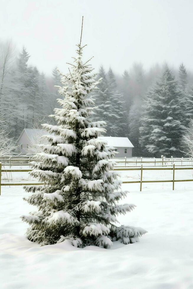 Pine trees or decorated christmas tree covered by snow on beautiful winter. Christmas theme outdoors by AI Generated photo