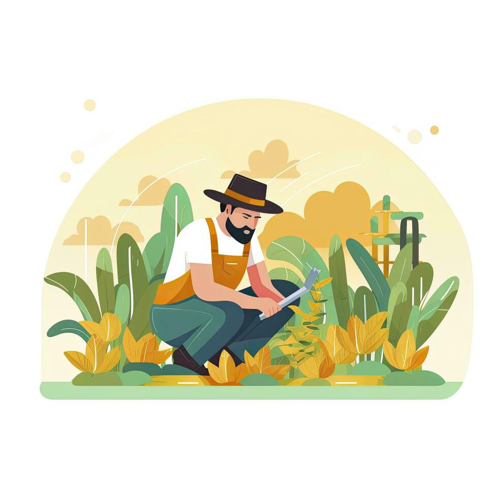 AI generated Minimalist UI illustration of a farmer harvesting crops in a flat illustration style on a white background photo