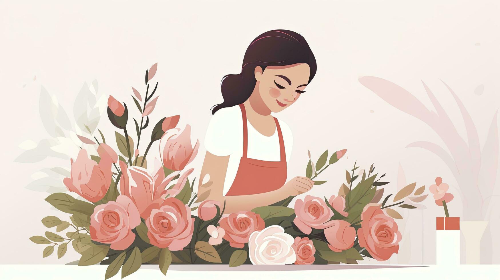 AI generated Minimalist UI illustration of a florist arranging a bouquet in a flat illustration style on a white background photo