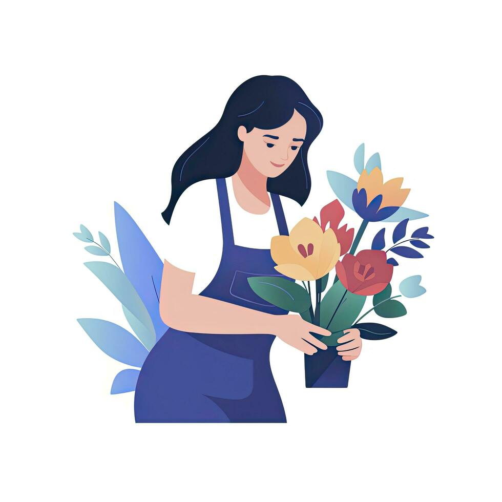 AI generated Minimalist UI illustration of a florist arranging a bouquet in a flat illustration style on a white background photo
