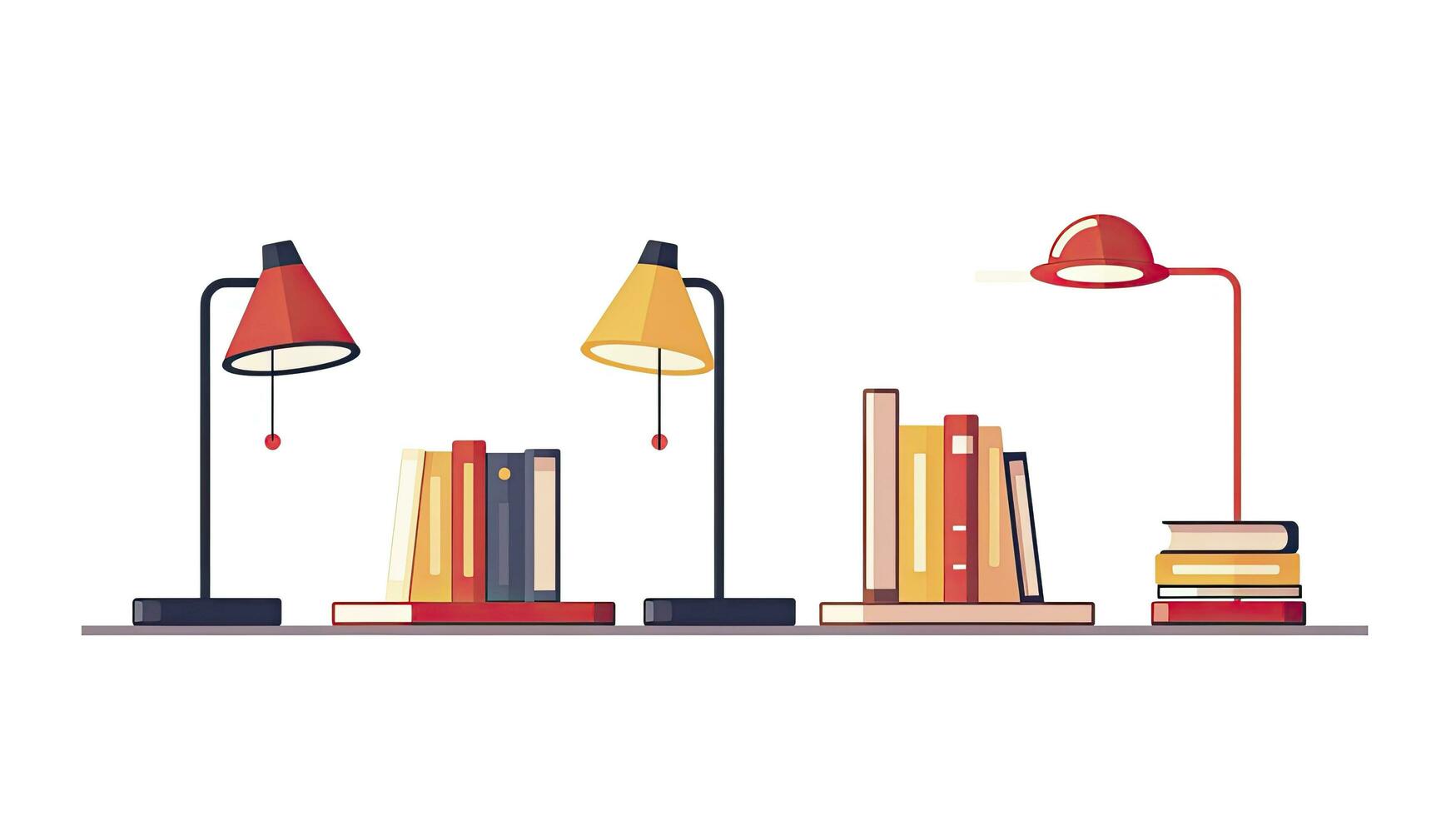 AI generated Collection of Books with Reading Lamp Minimalist Flat Design on White Background photo