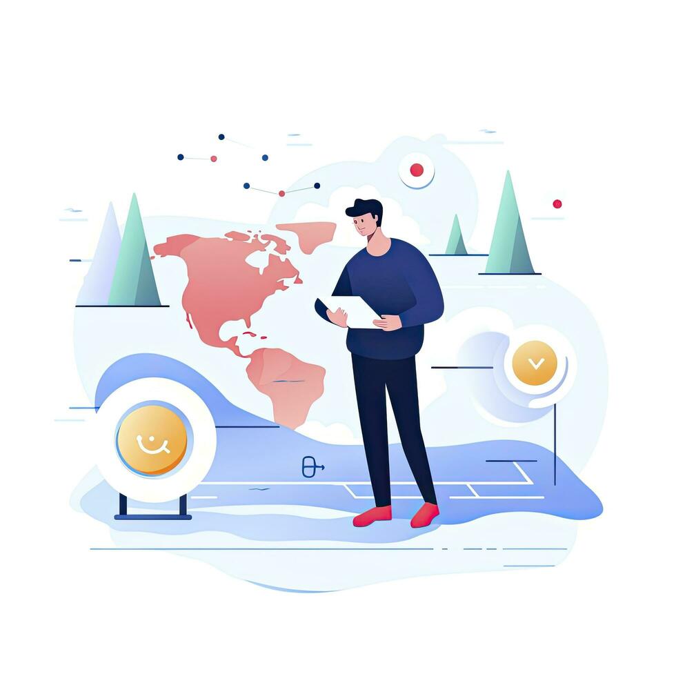 AI generated Minimalist UI illustration of a cartographer mapping a new territory in a flat illustration style on a white background. photo