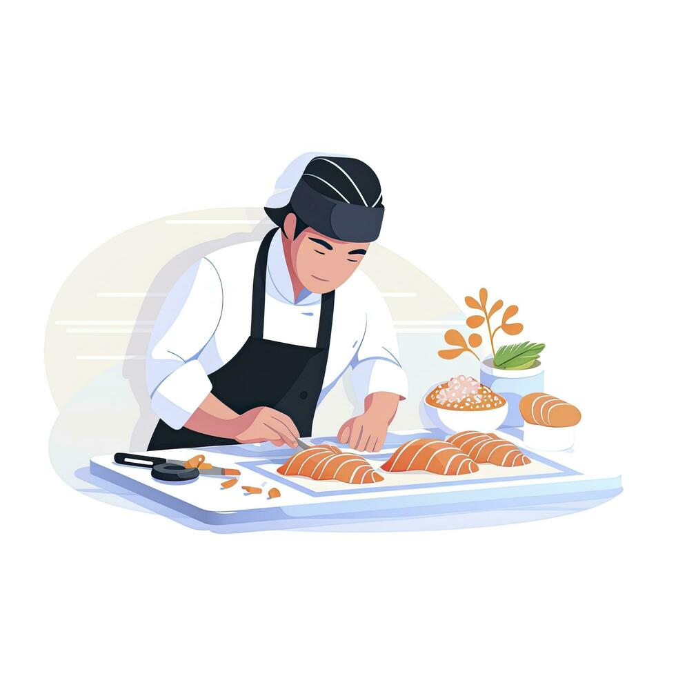 AI generated Minimalist UI illustration of a chef preparing sushi in a flat illustration style on a white background photo