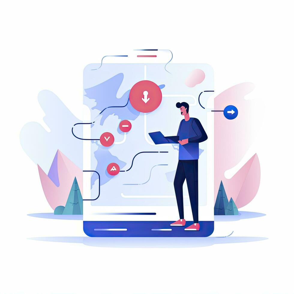 AI generated Minimalist UI illustration of a cartographer mapping a new territory in a flat illustration style on a white background. photo