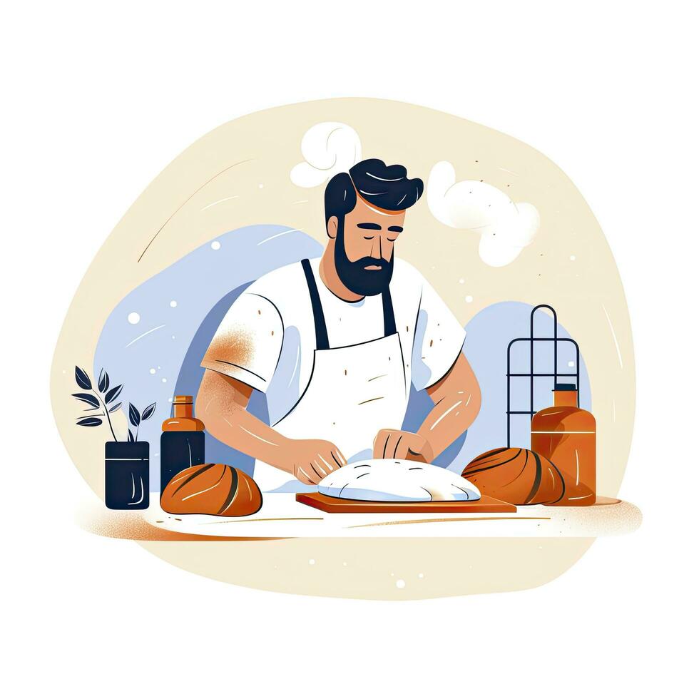 AI generated Minimalist UI illustration of a baker making artisan bread in a flat illustration style on a white background photo