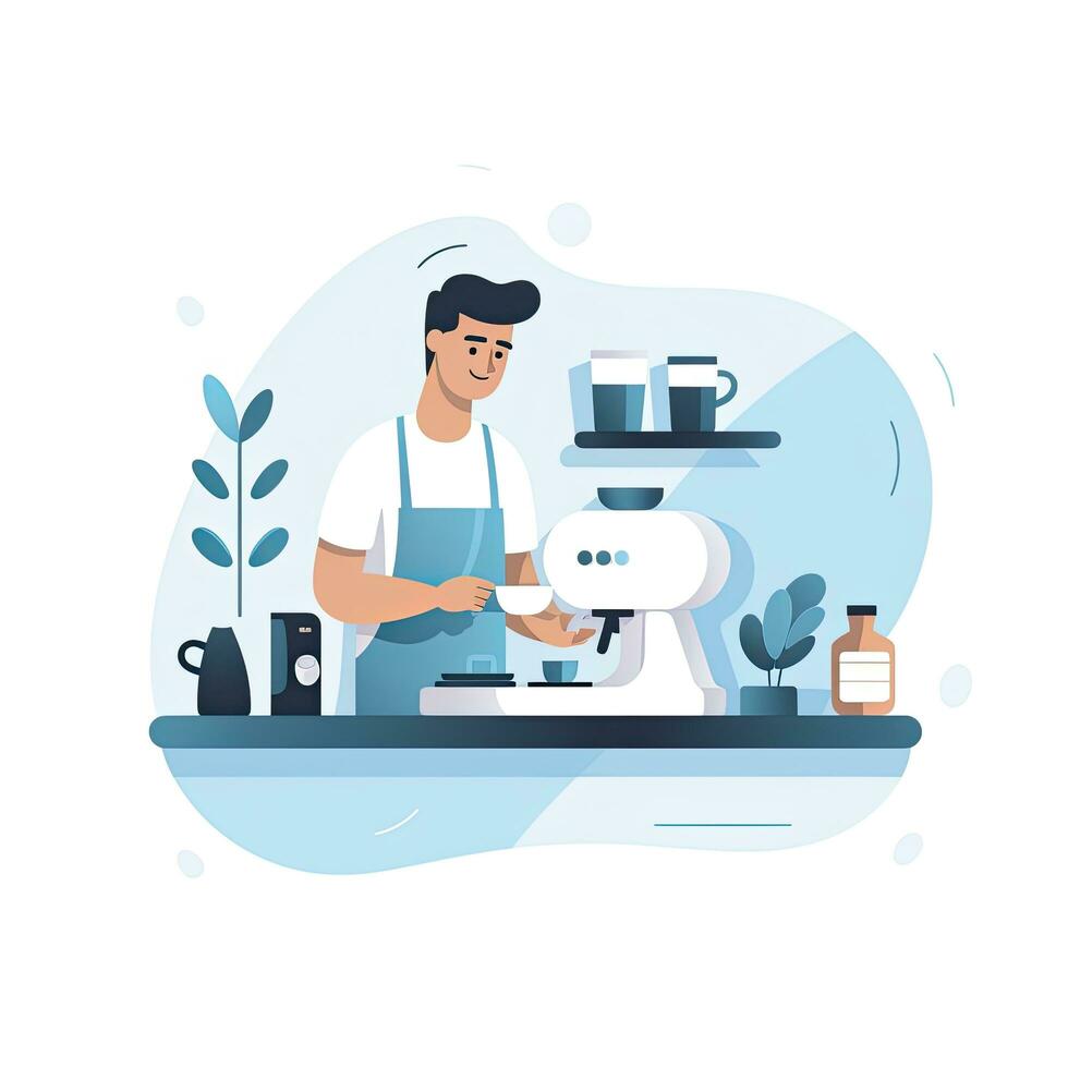 AI generated Minimalist UI illustration of a barista making coffee in a flat illustration style on a white background photo