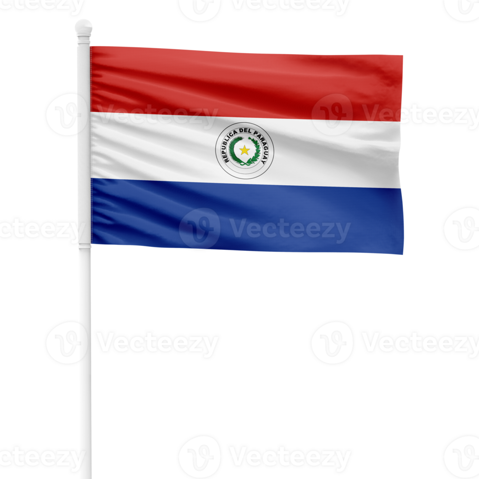 Realistic Paraguay Flag Waving on a White Metal Pole with Transparent Background png