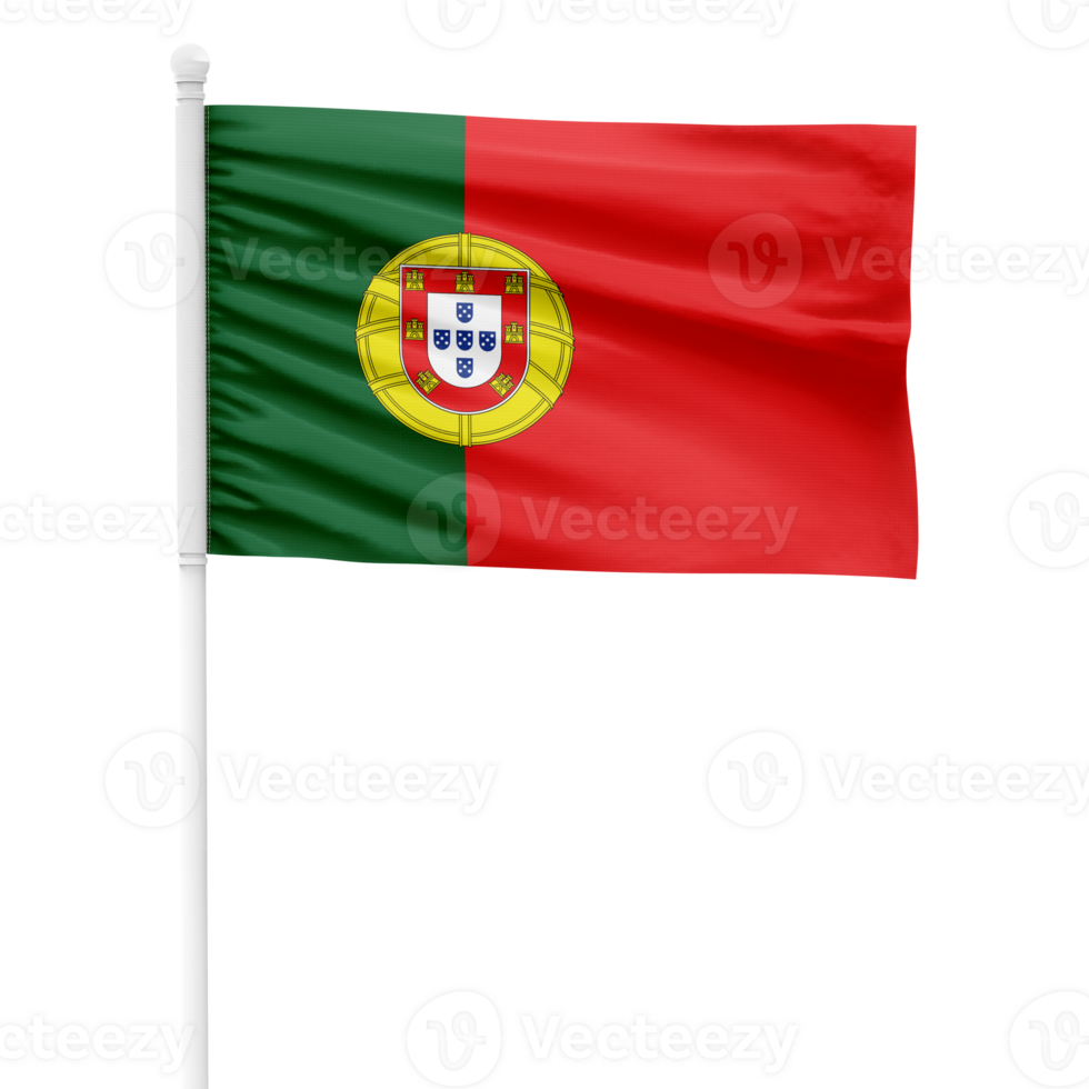 Realistic Portugal Flag Waving on a White Metal Pole with Transparent Background png