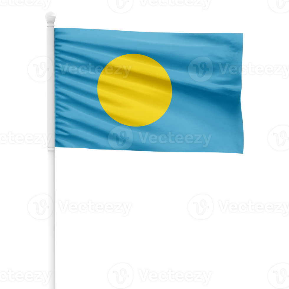 Realistic Palau Flag Waving on a White Metal Pole with Transparent Background png