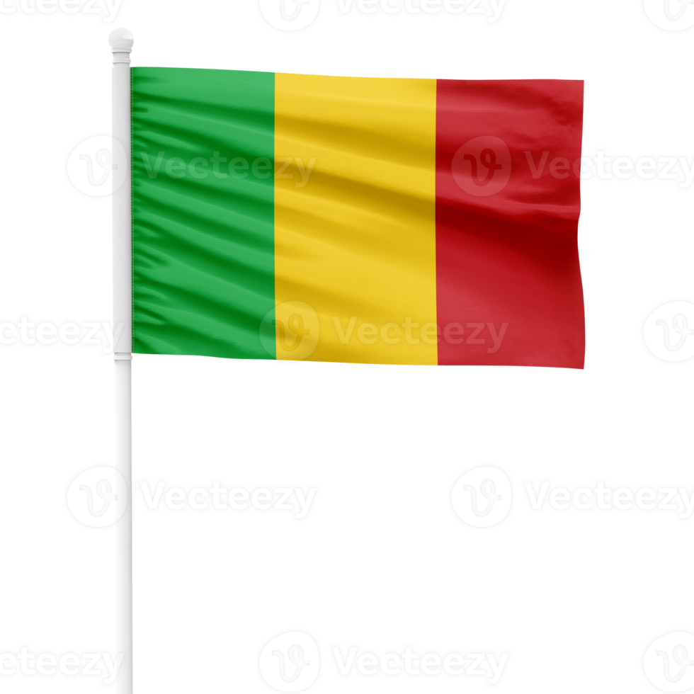 Realistic Mali Flag Waving on a White Metal Pole with Transparent Background png