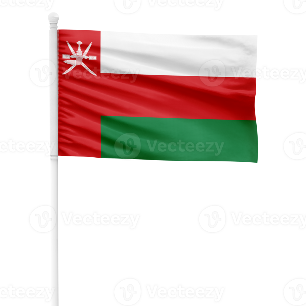 Realistic Oman Flag Waving on a White Metal Pole with Transparent Background png