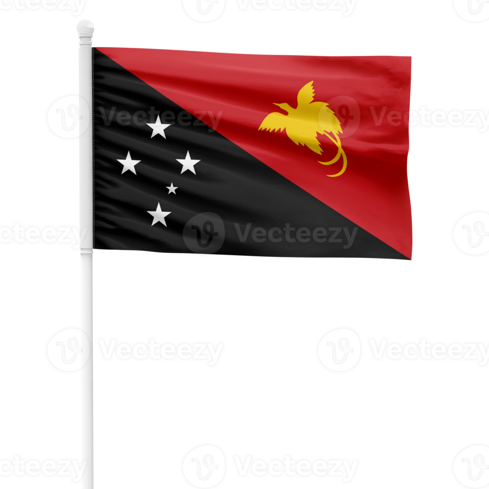 Realistic Papua New Guinea Flag Waving on a White Metal Pole with Transparent Background png
