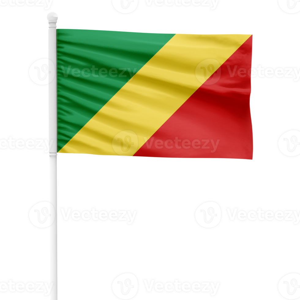Realistic Congo Republic Flag Waving on a White Metal Pole with Transparent Background png