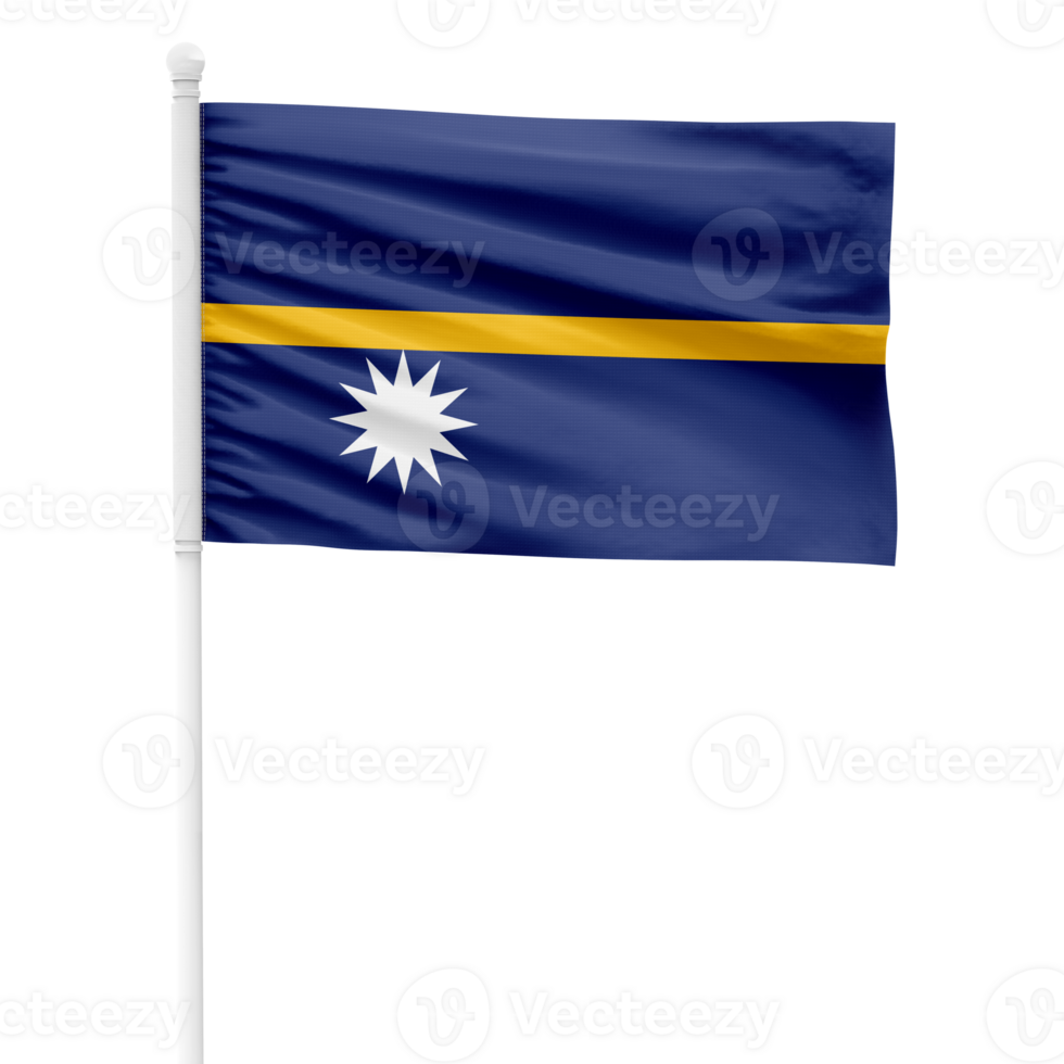 Realistic Nauru Flag Waving on a White Metal Pole with Transparent Background png