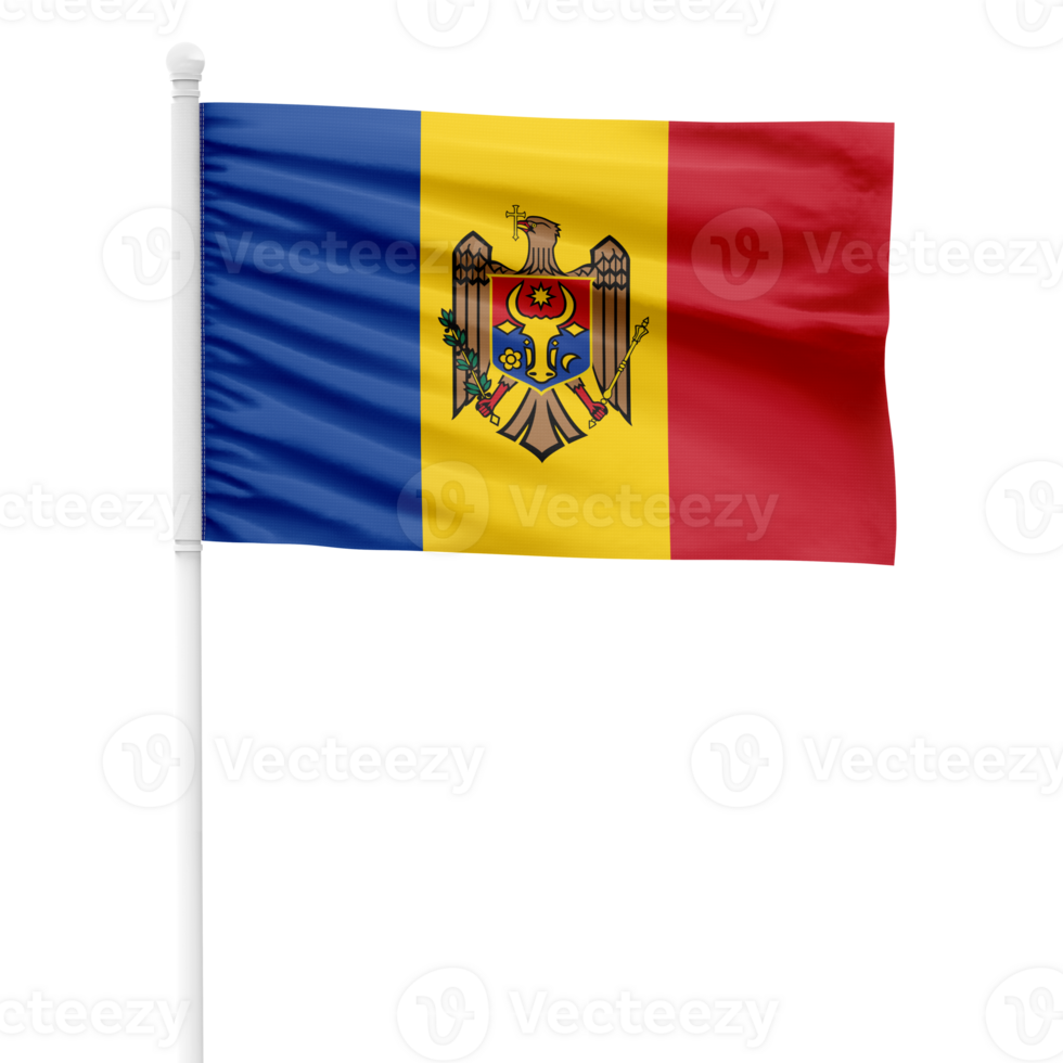 Realistic Moldova Flag Waving on a White Metal Pole with Transparent Background png