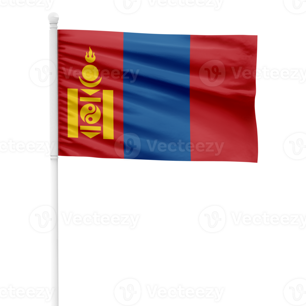 Realistic Mongolia Flag Waving on a White Metal Pole with Transparent Background png