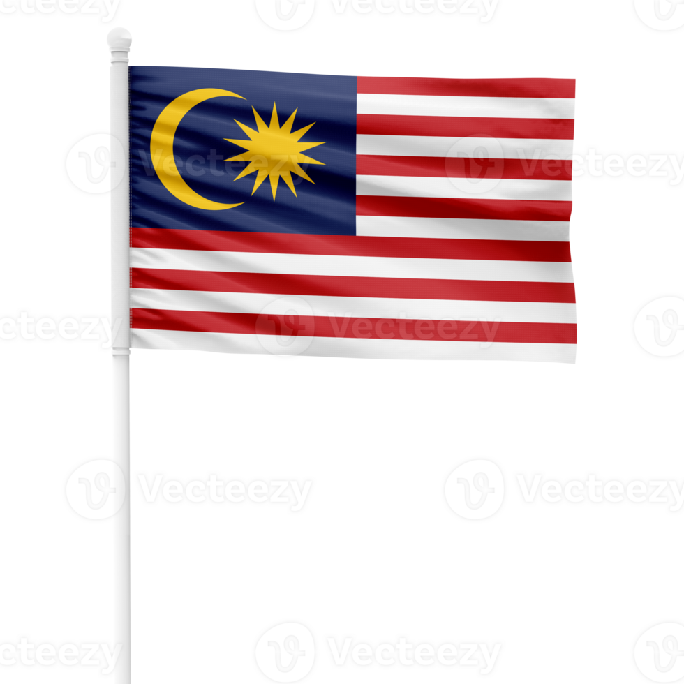 Realistic Malaysia Flag Waving on a White Metal Pole with Transparent Background png