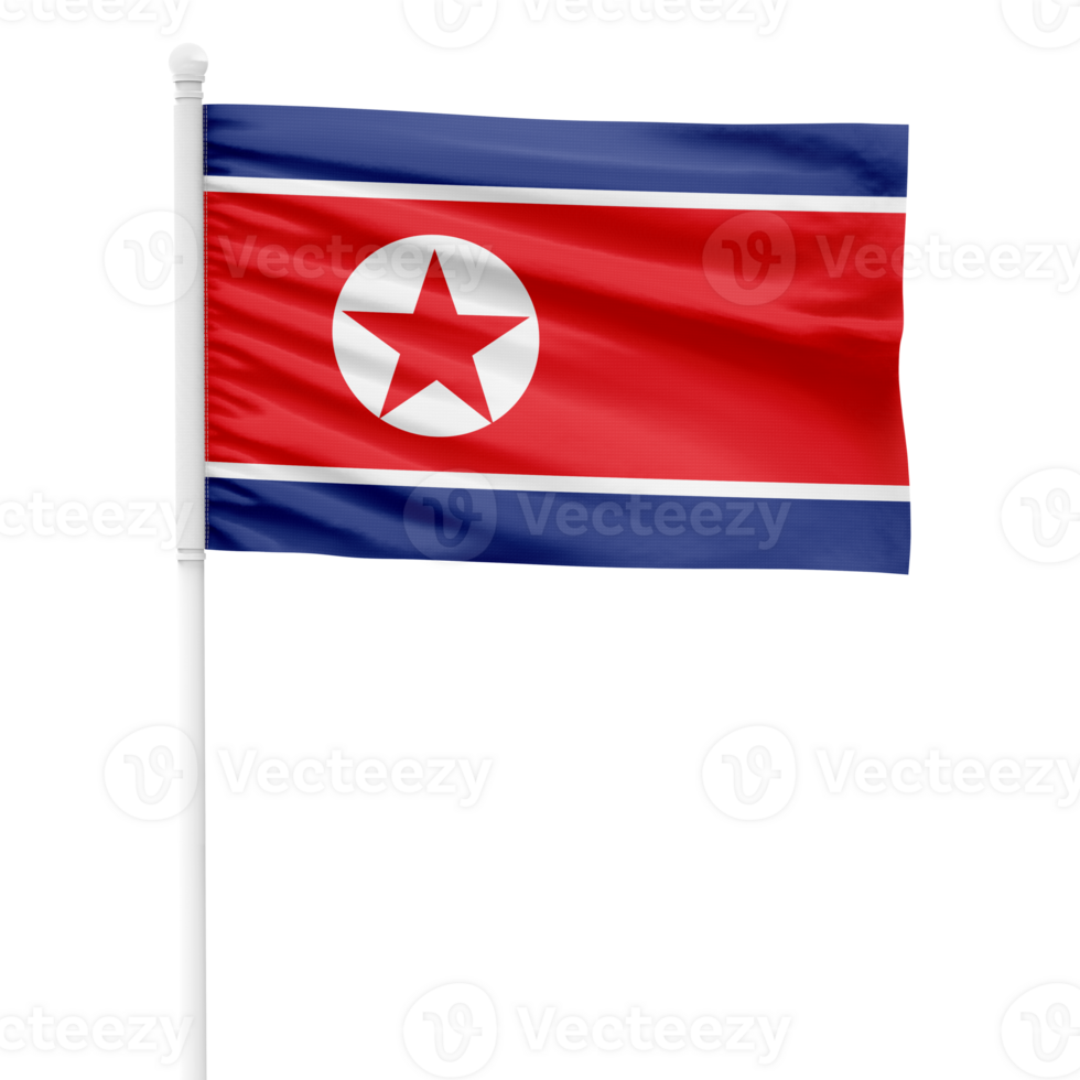 Realistic North Korea Flag Waving on a White Metal Pole with Transparent Background png