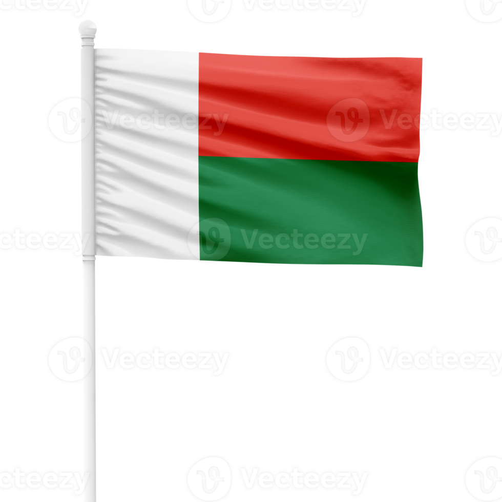 Realistic Madagascar Flag Waving on a White Metal Pole with Transparent Background png