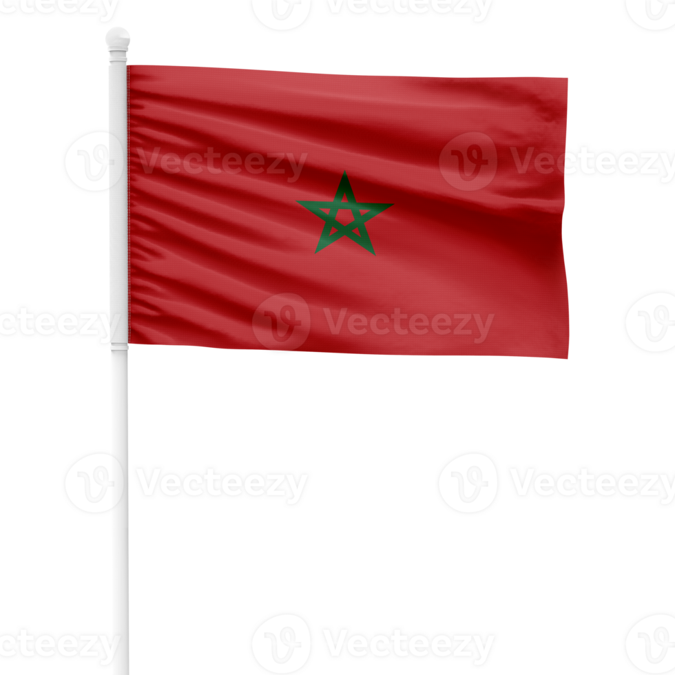 Realistic Morocco Flag Waving on a White Metal Pole with Transparent Background png