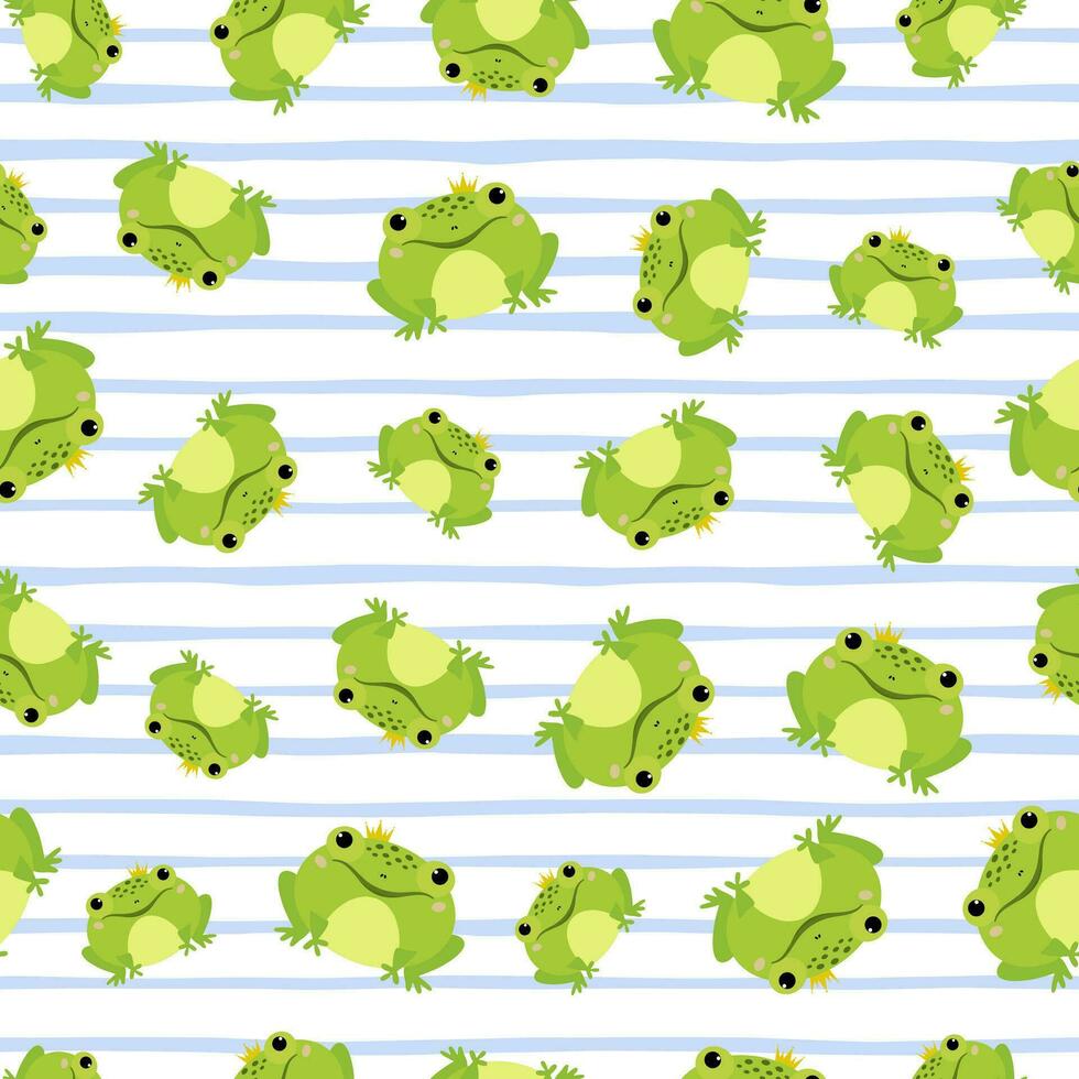 Cartoon frog with crown. Funny seamless pattern on striped background vector