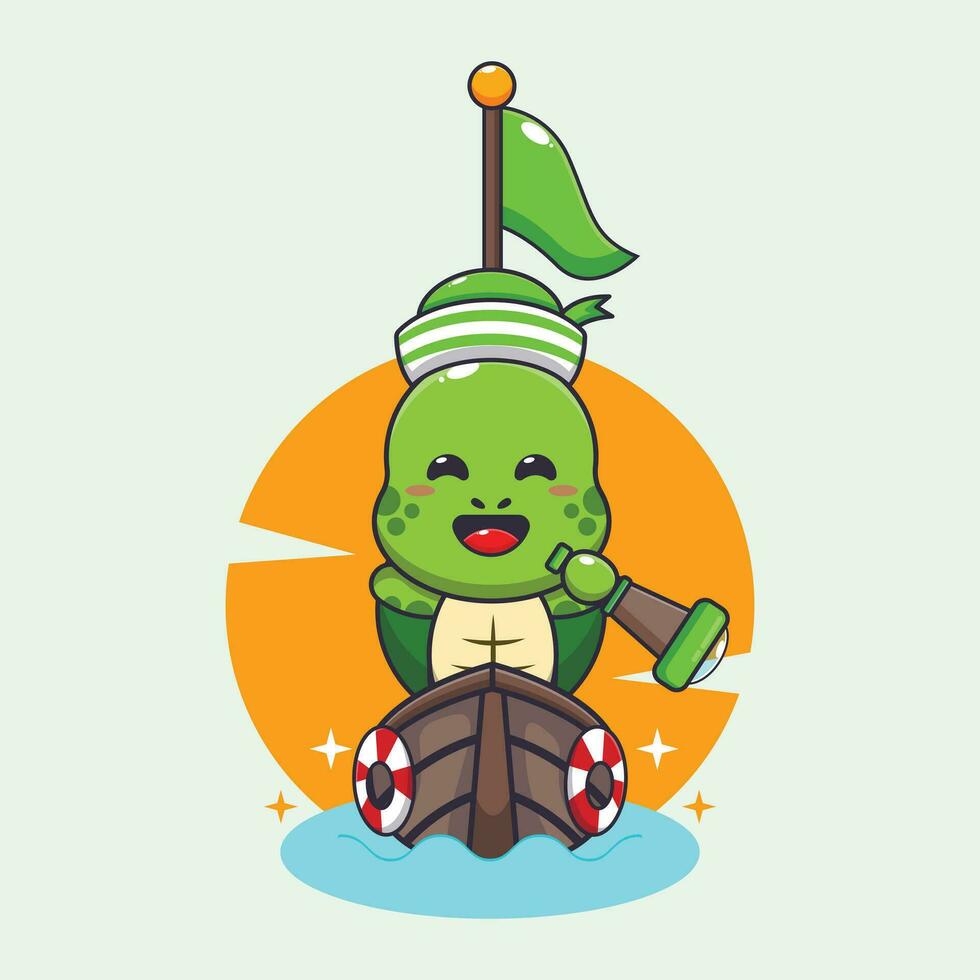 Cute turtle on the boat cartoon vector illustration.