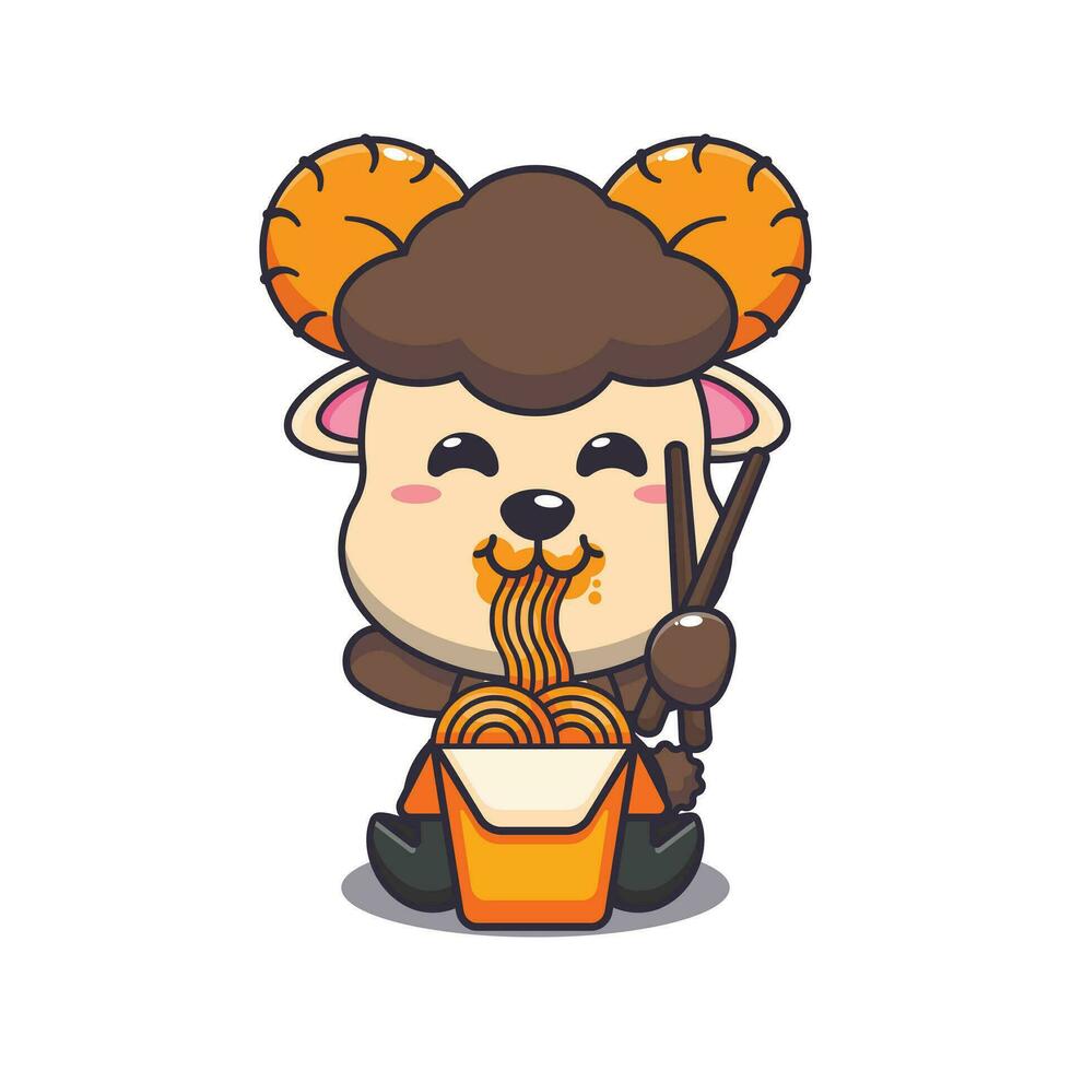 Cute ram sheep eating noodle cartoon vector illustration.