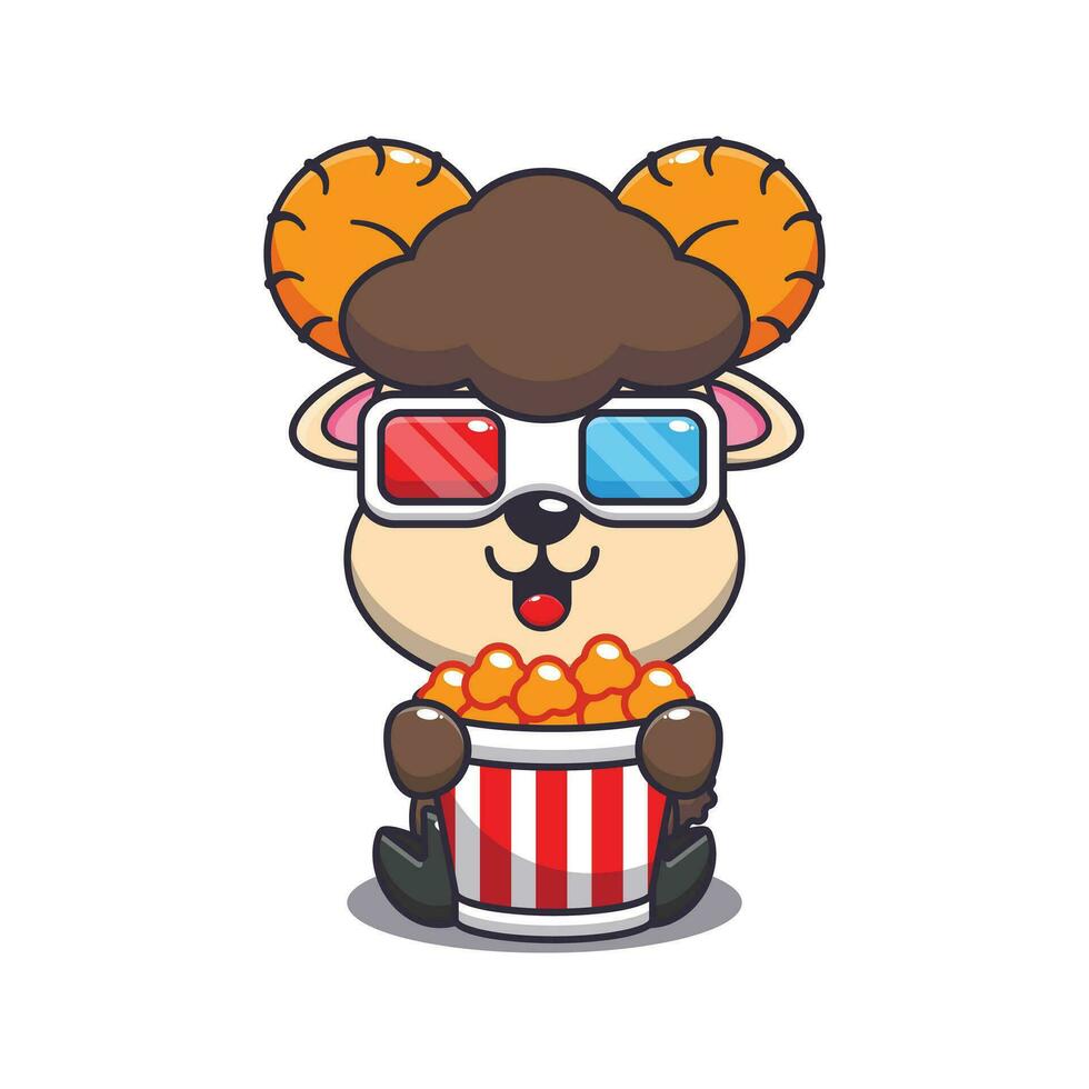 Cute ram sheep eating popcorn and watch 3d movie cartoon vector illustration.