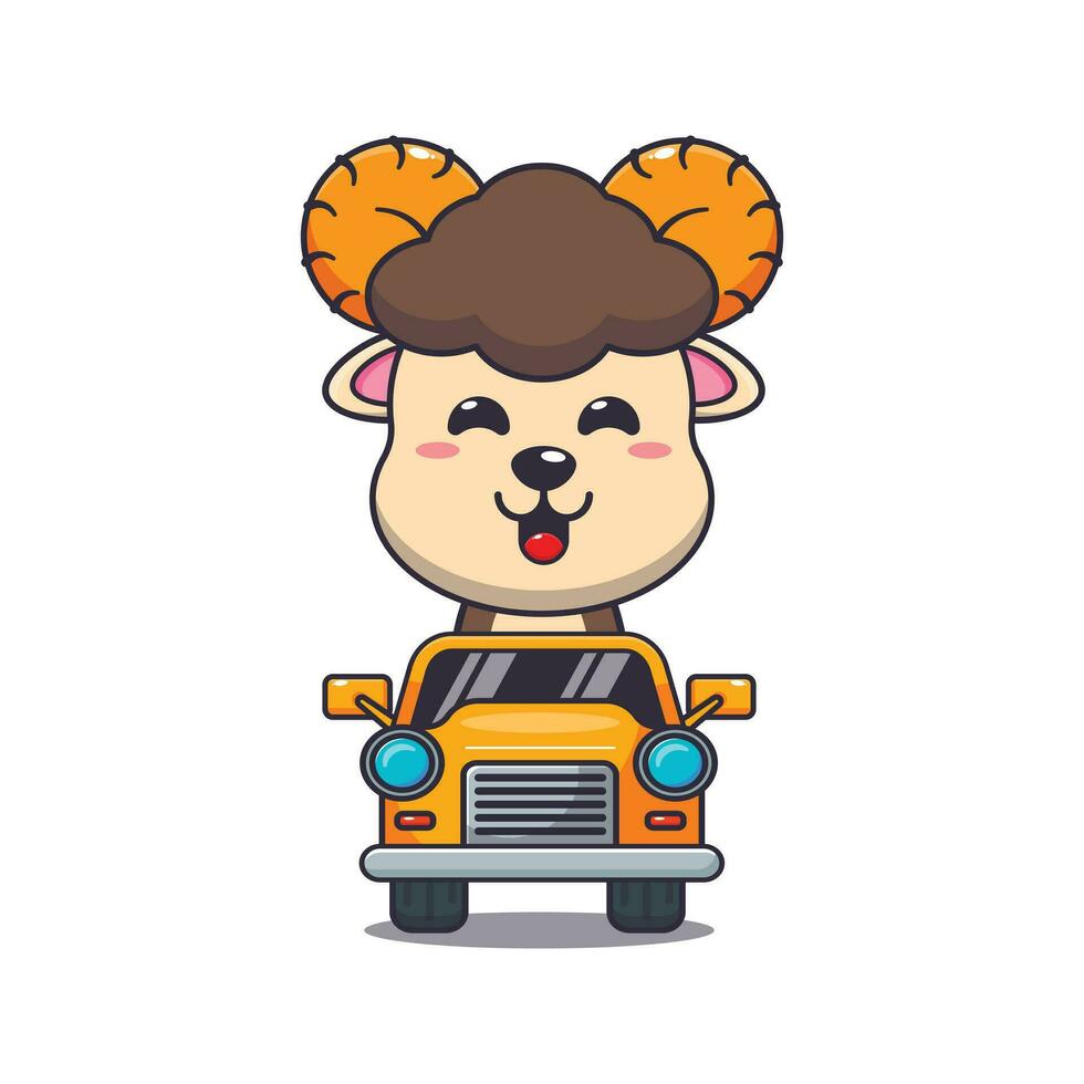 Cute ram sheep ride on car cartoon vector illustration.