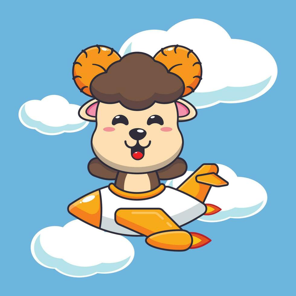 Cute ram sheep ride on plane jet cartoon vector illustration.