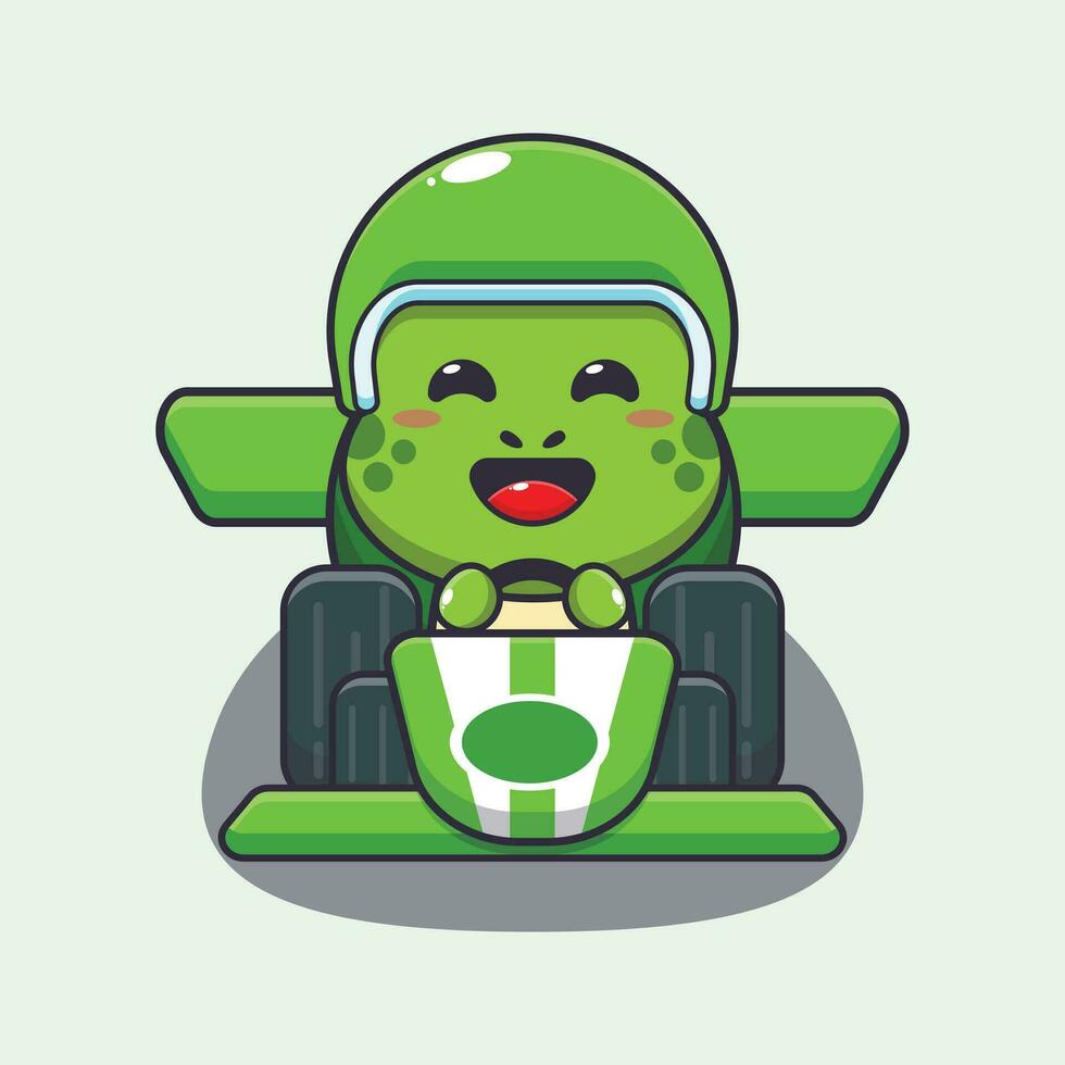 Cute turtle riding race car cartoon vector illustration.