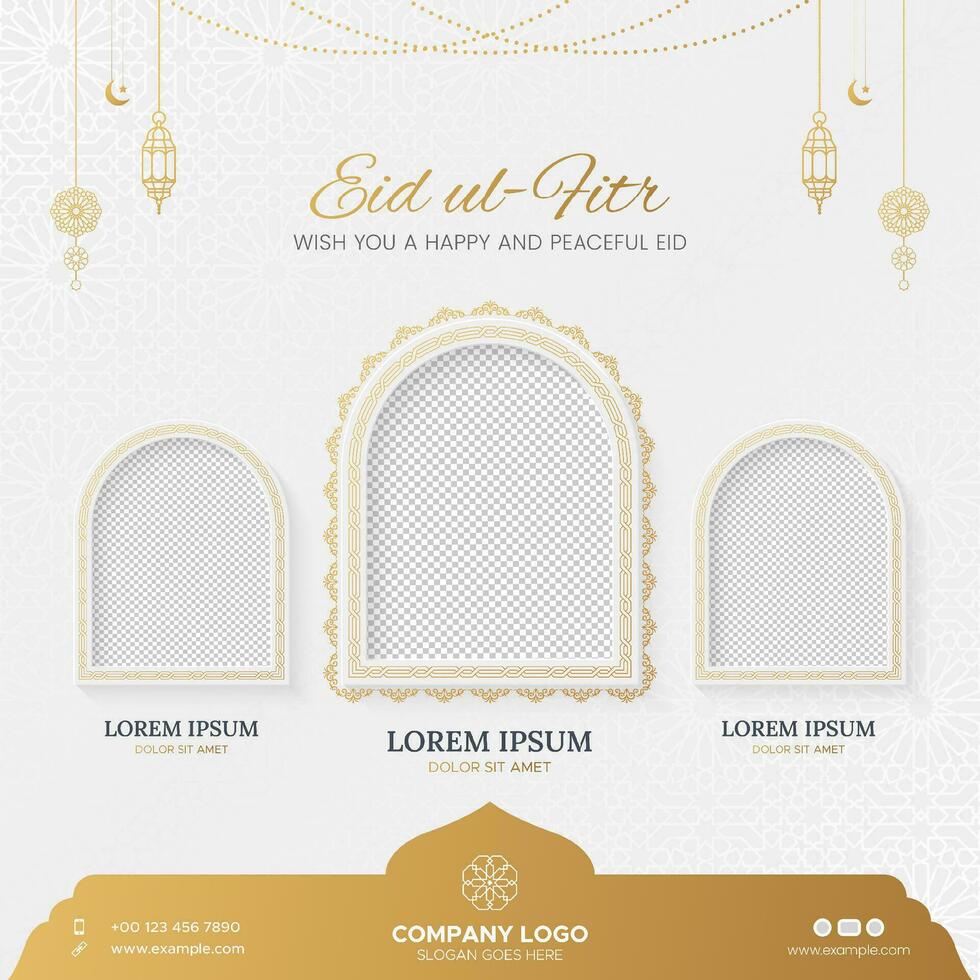 eid al-fitr islámico lujo saludo tarjeta social medios de comunicación enviar con Arábica estilo linternas y un foto marco vector