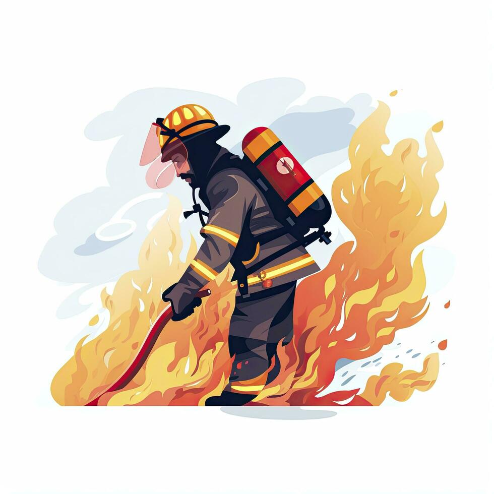 AI generated Minimalist UI illustration of a firefighter extinguishing a fire in a flat illustration style on a white background photo