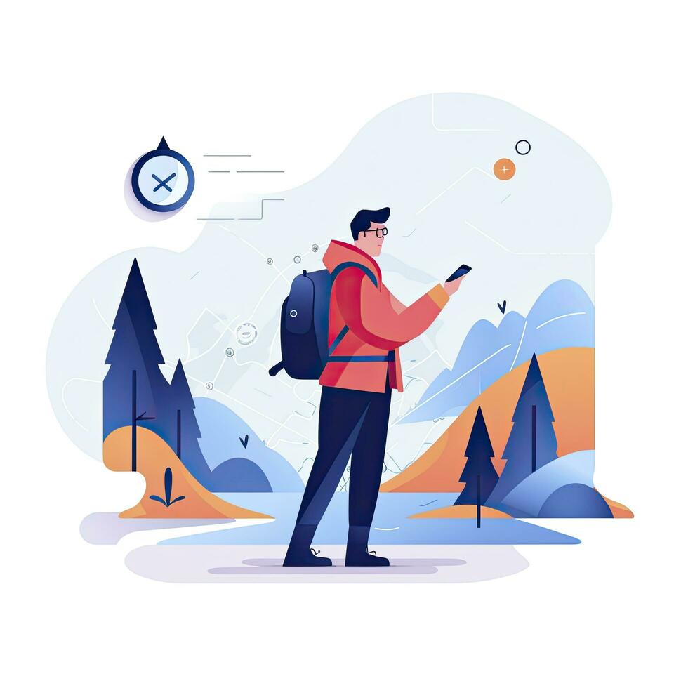 AI generated Minimalist UI illustration of a cartographer mapping a new territory in a flat illustration style on a white background. photo