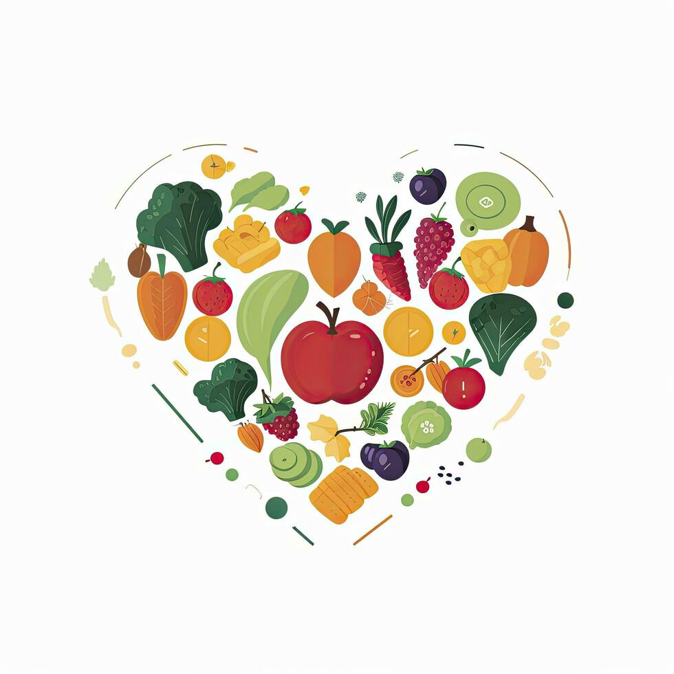 AI generated Heart-Healthy Diet Concept Fruits and Vegetables Encircling Heart for World Health Day photo
