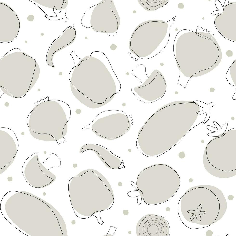 Seamless pattern with abstract silhouettes of vegetables. Linear natural simple drawing. Vector graphics.