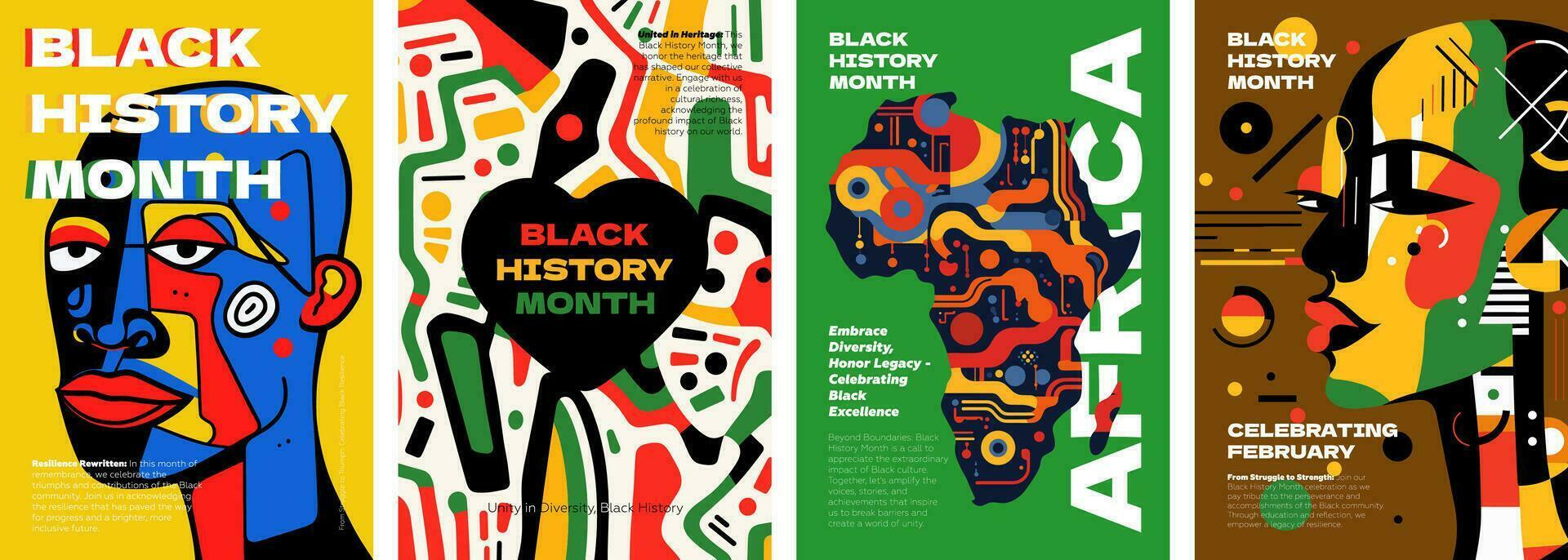 Black History Month abstract graphic poster. African American rights and culture celebrate in February. Modern creative placard with persons of color. Africa and afro pattern art design vector prints