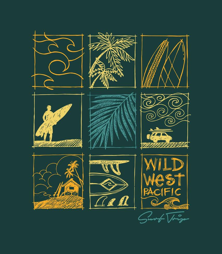 Vector illustration of surfing and coastal elements.