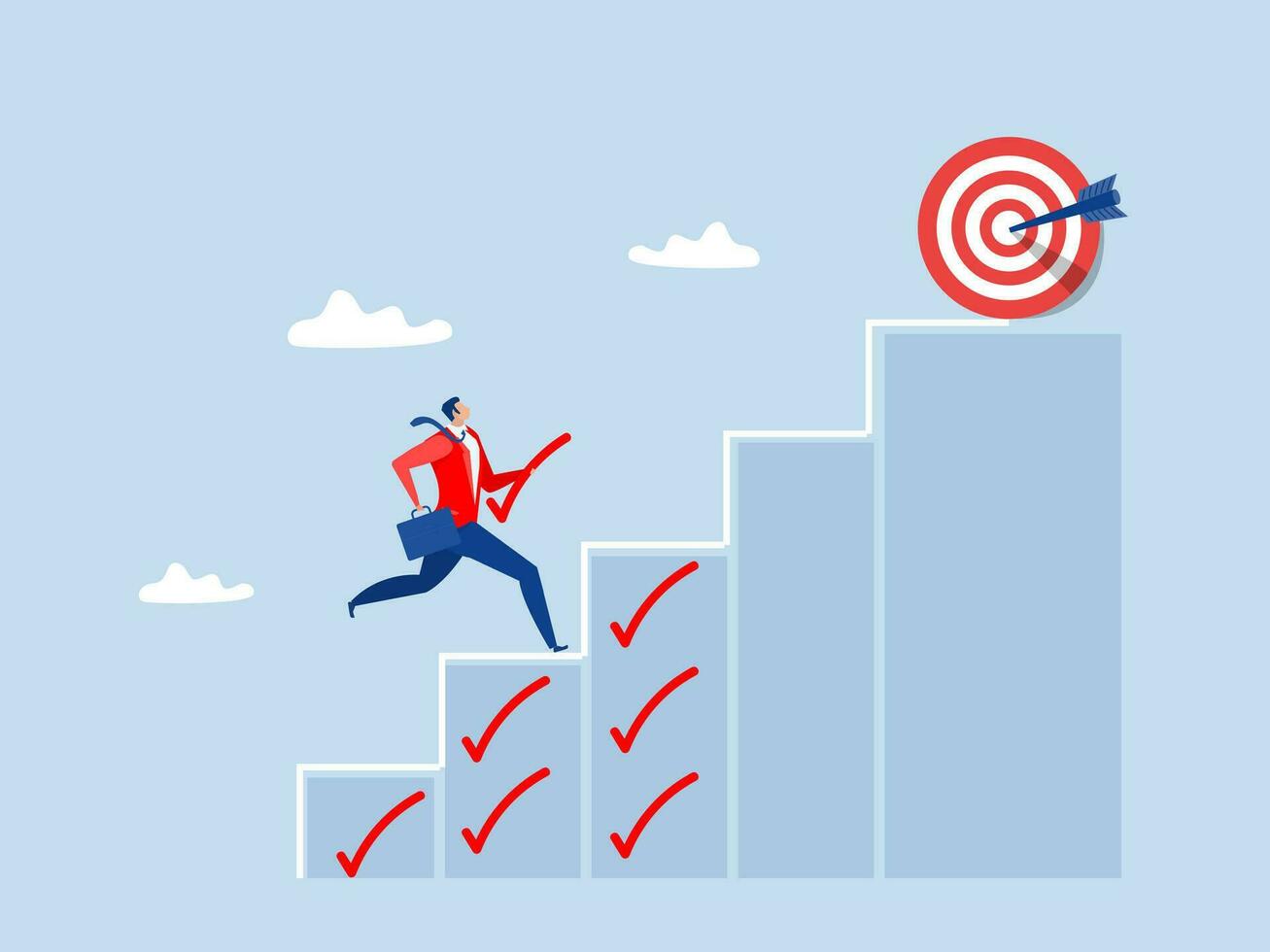 Business target  achieve concept, businessman walk up checklist as staircase to achieve target Improvement development plan Concept.vector illustrator. vector