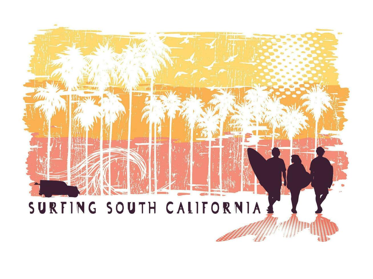Vector illustration of surfers silhouette in composition with colorful background and text related to the sport.