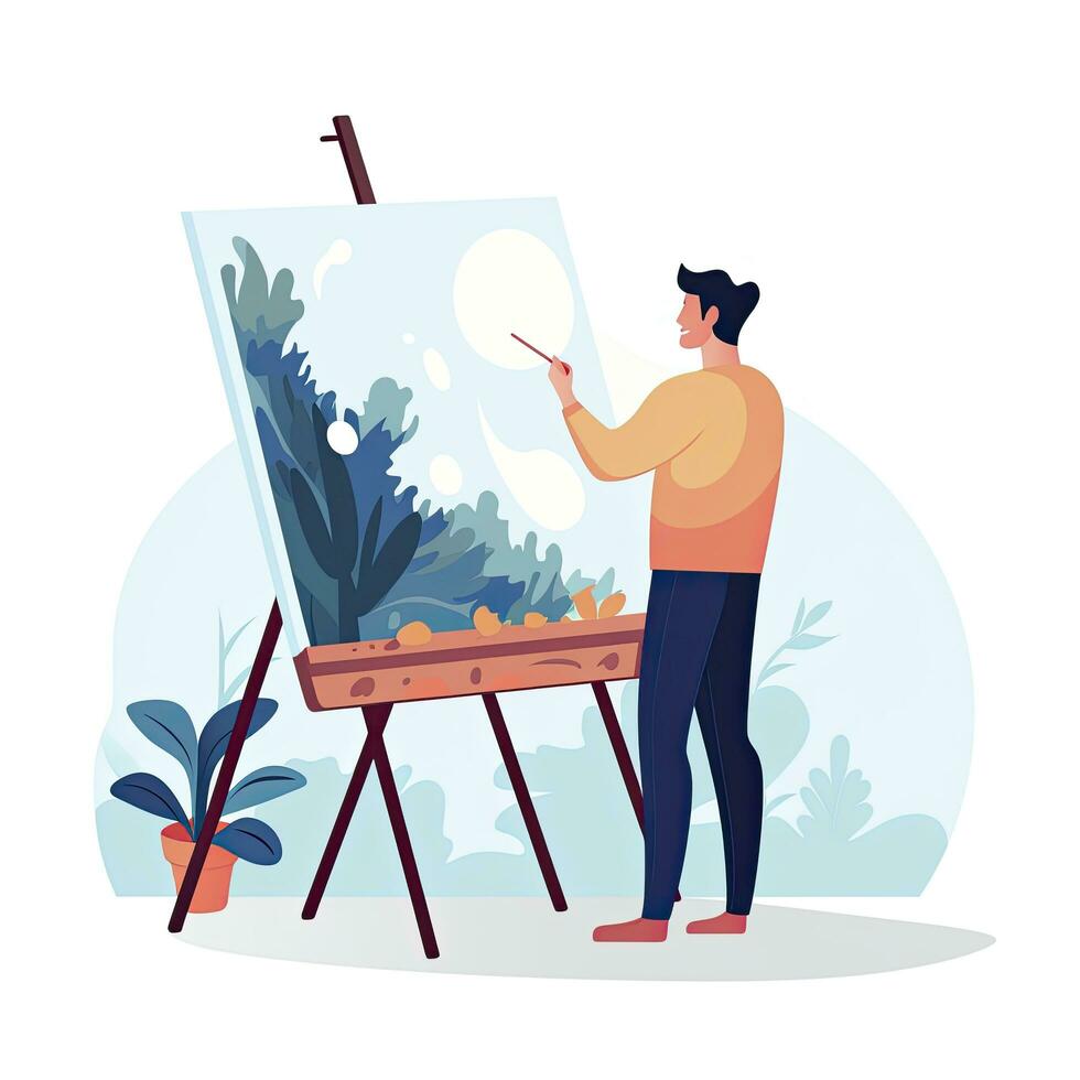 AI generated Minimalist UI illustration of an artist painting a canvas in a flat illustration style on a white background photo