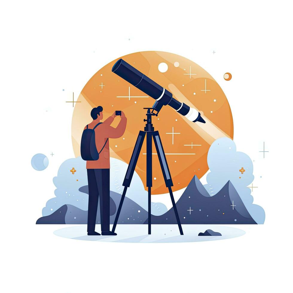 AI generated Minimalist UI illustration of an astronomer gazing through a telescope in a flat illustration style on a white background. photo