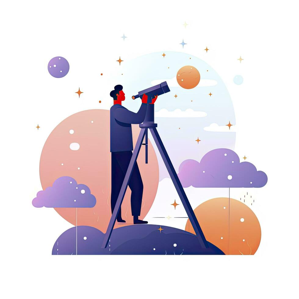 AI generated Minimalist UI illustration of an astronomer gazing through a telescope in a flat illustration style on a white background. photo