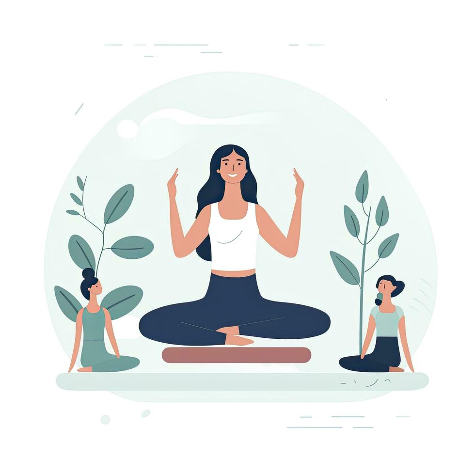 AI generated Minimalist UI illustration of a yoga instructor teaching a class in a flat illustration style on a white background photo