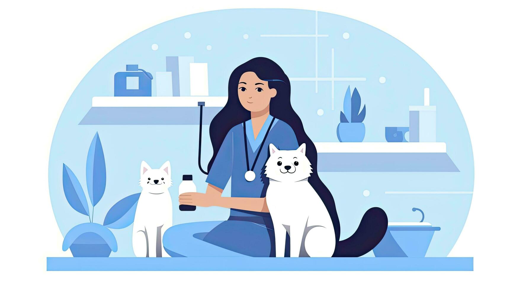 AI generated Minimalist UI illustration of a veterinarian caring for animals in a flat illustration style on a white background photo