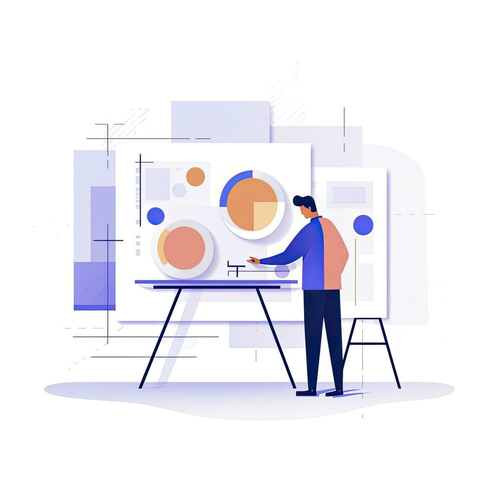 AI generated Minimalist UI illustration of an architect drawing blueprints in a flat illustration style on a white background photo