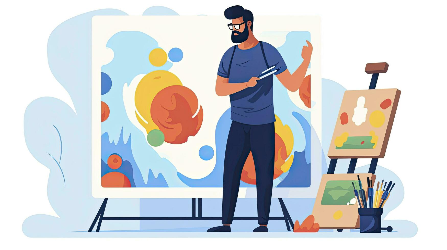 AI generated Minimalist UI illustration of an artist painting a canvas in a flat illustration style on a white background photo