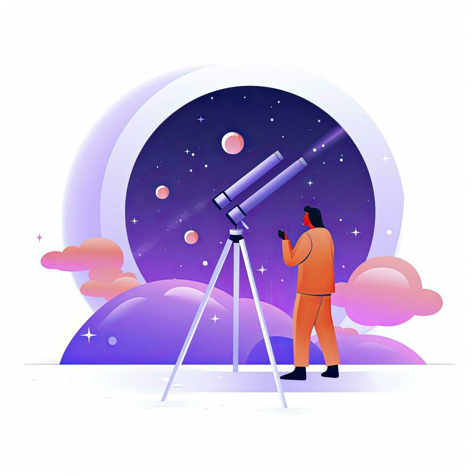 ai generado minimalista ui ilustración de un astrónomo mirando mediante un telescopio en un plano ilustración estilo en un blanco antecedentes. foto