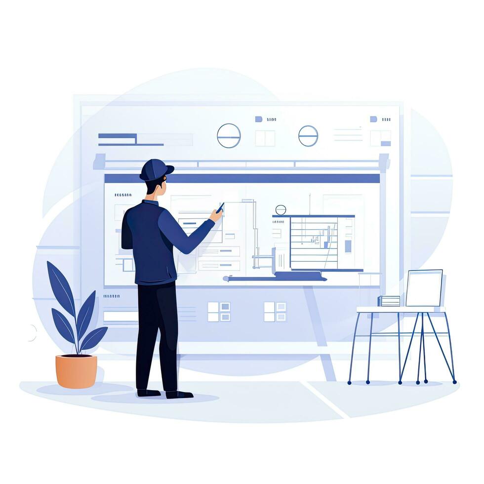AI generated Minimalist UI illustration of an architect drawing blueprints in a flat illustration style on a white background photo